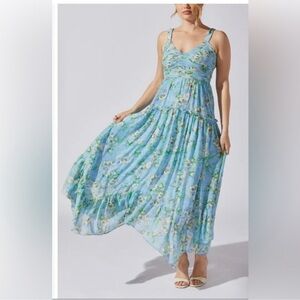 Astr Blue Green Ruched Maxi Sundress
